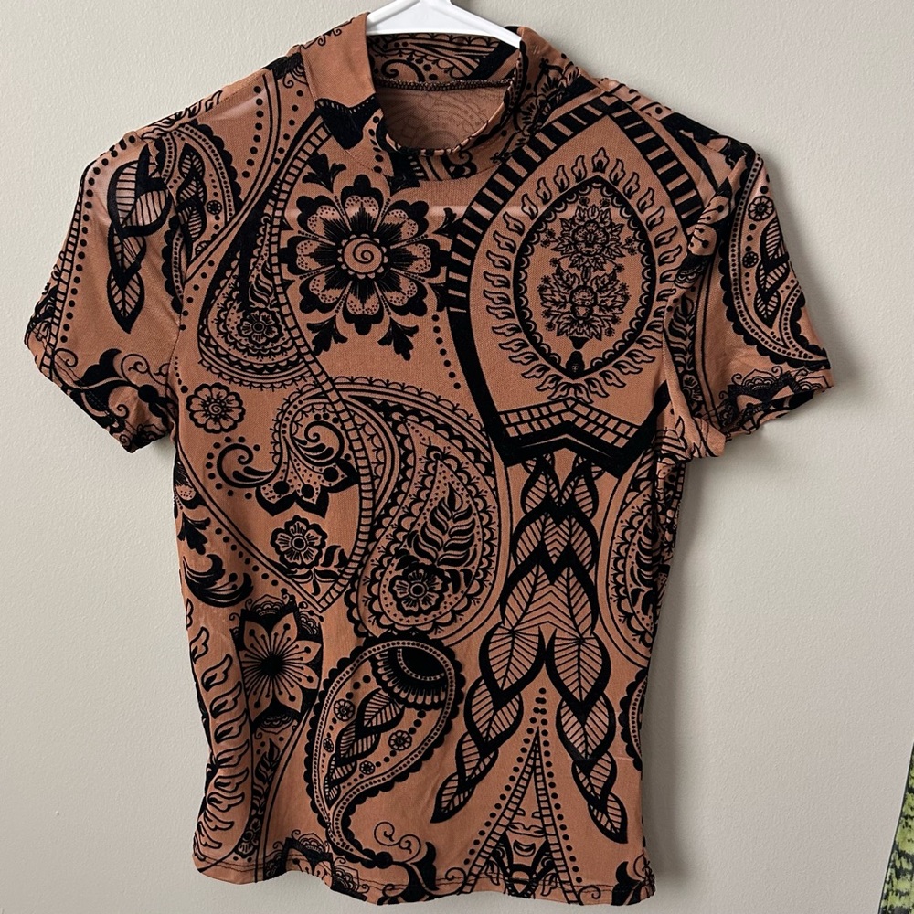 Sheer Brown Top from Shein with an Abstract Design.
